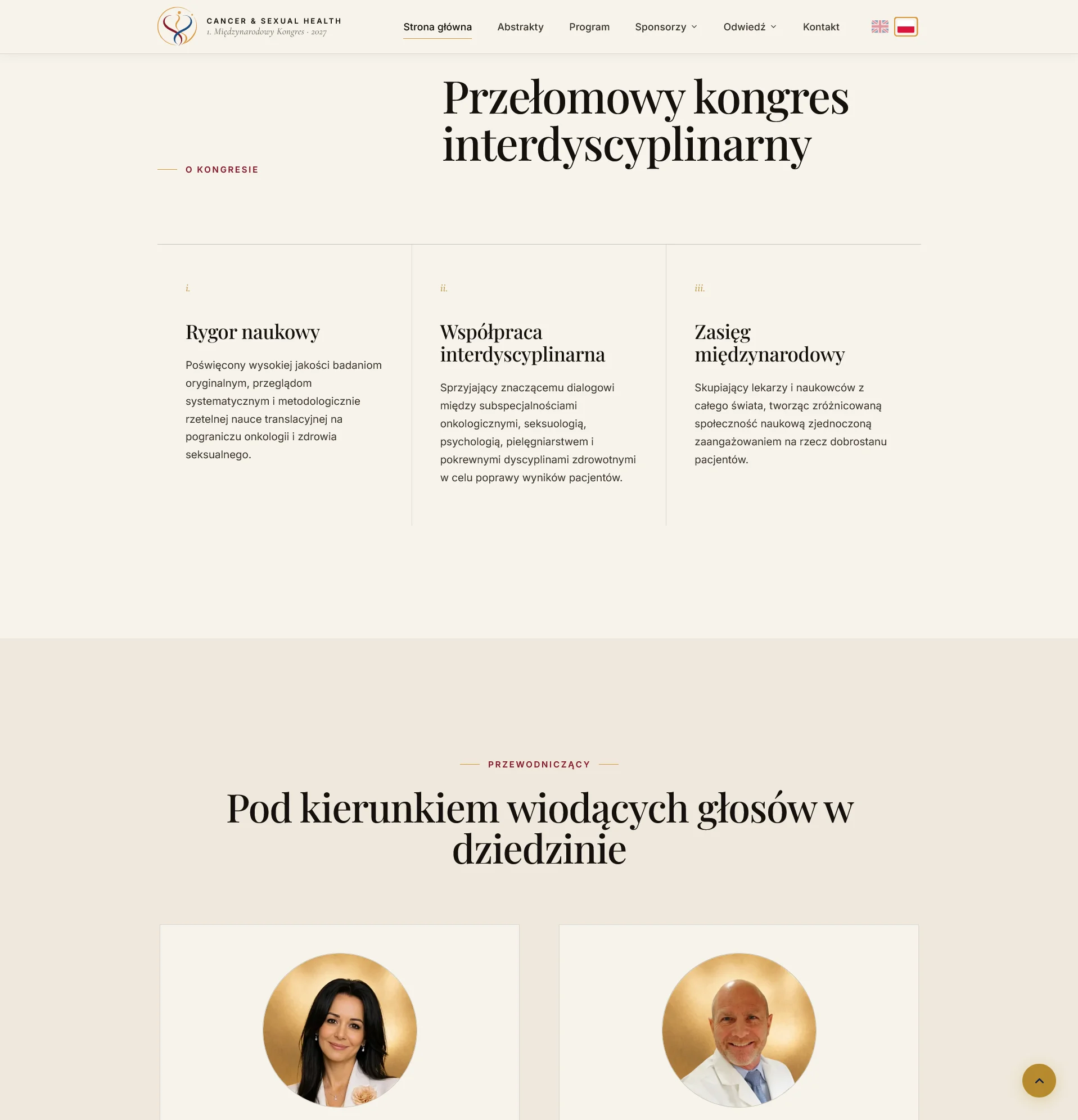 Sekcja "A Landmark Interdisciplinary Congress" z trzema filarami i przewodniczącymi naukowymi