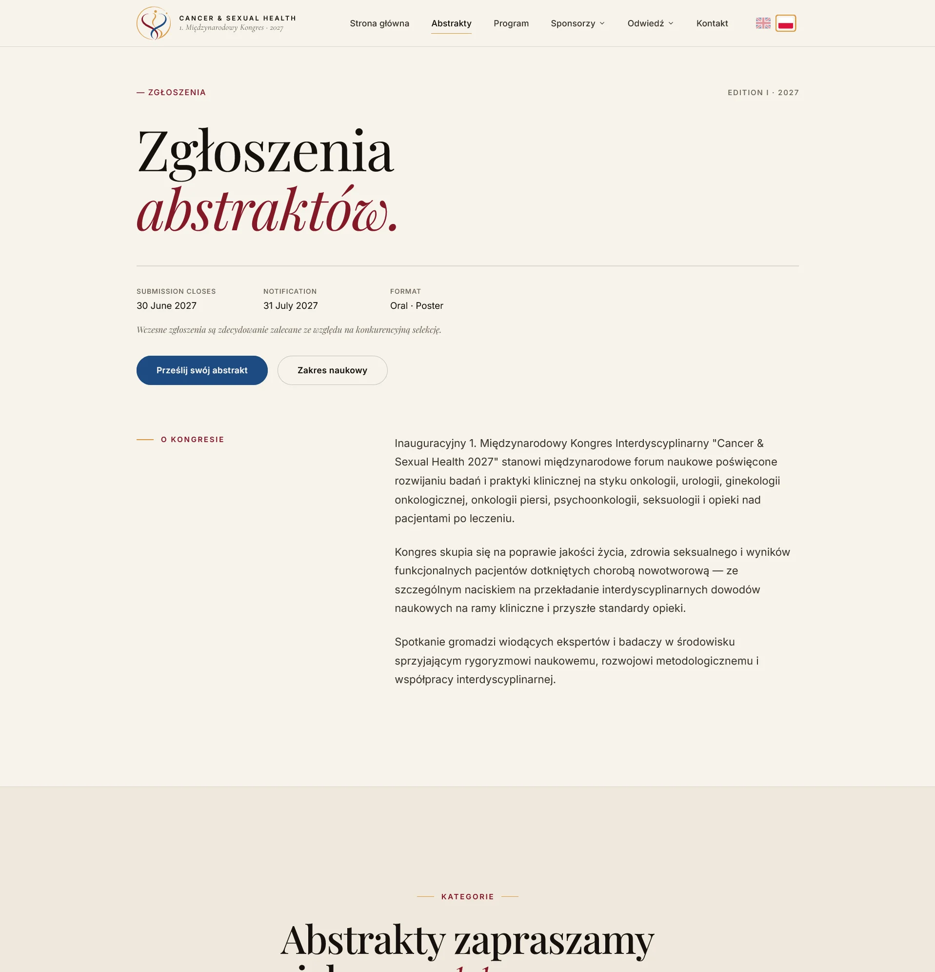 Portal zgłaszania abstraktów z listą zgłoszeń, statusami i akcjami autora
